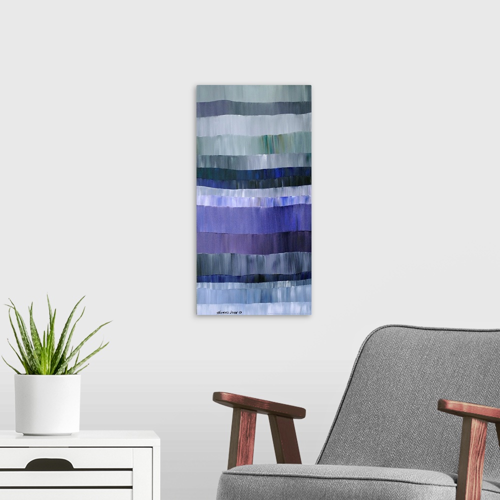 A modern room featuring Abstract painting of horizontal layers in varying shades of grey and blue.