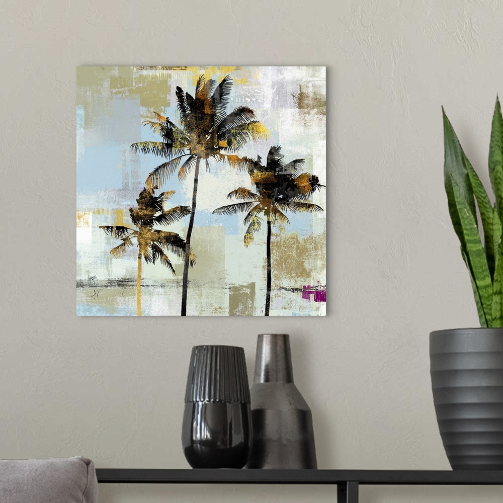 A modern room featuring Artistic artwork of a group of black palm trees with gold accents and a background of varies colo...