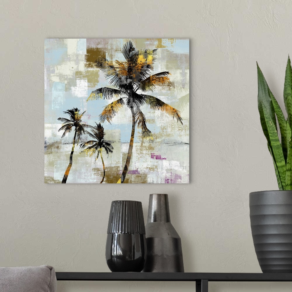 A modern room featuring Artistic artwork of a group of black palm trees with gold accents and a background of varies colo...