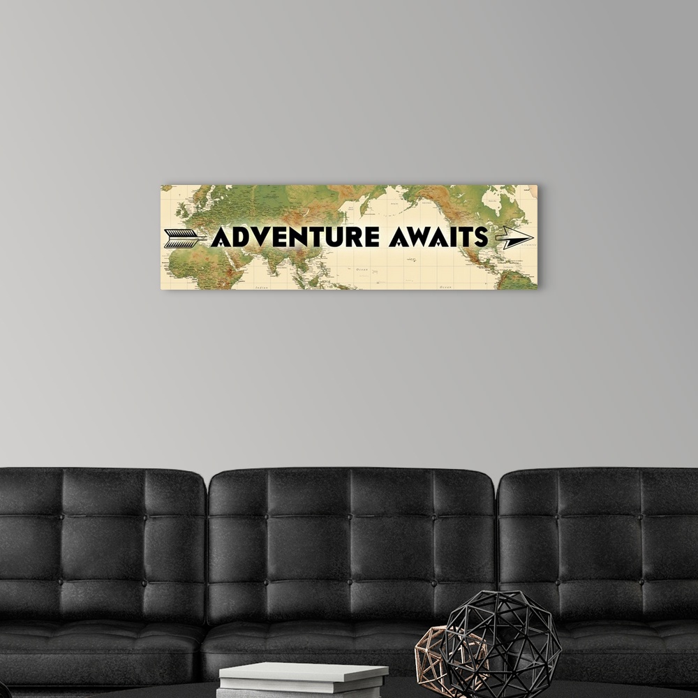 A modern room featuring "Adventure Awaits" written over a map of the world, with an arrow motif.