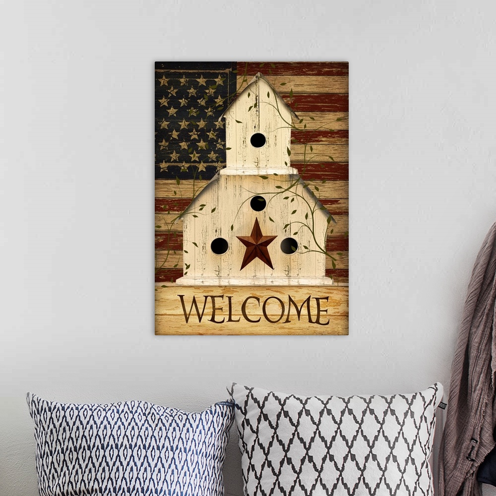 A bohemian room featuring Americana Welcome Birdhouse