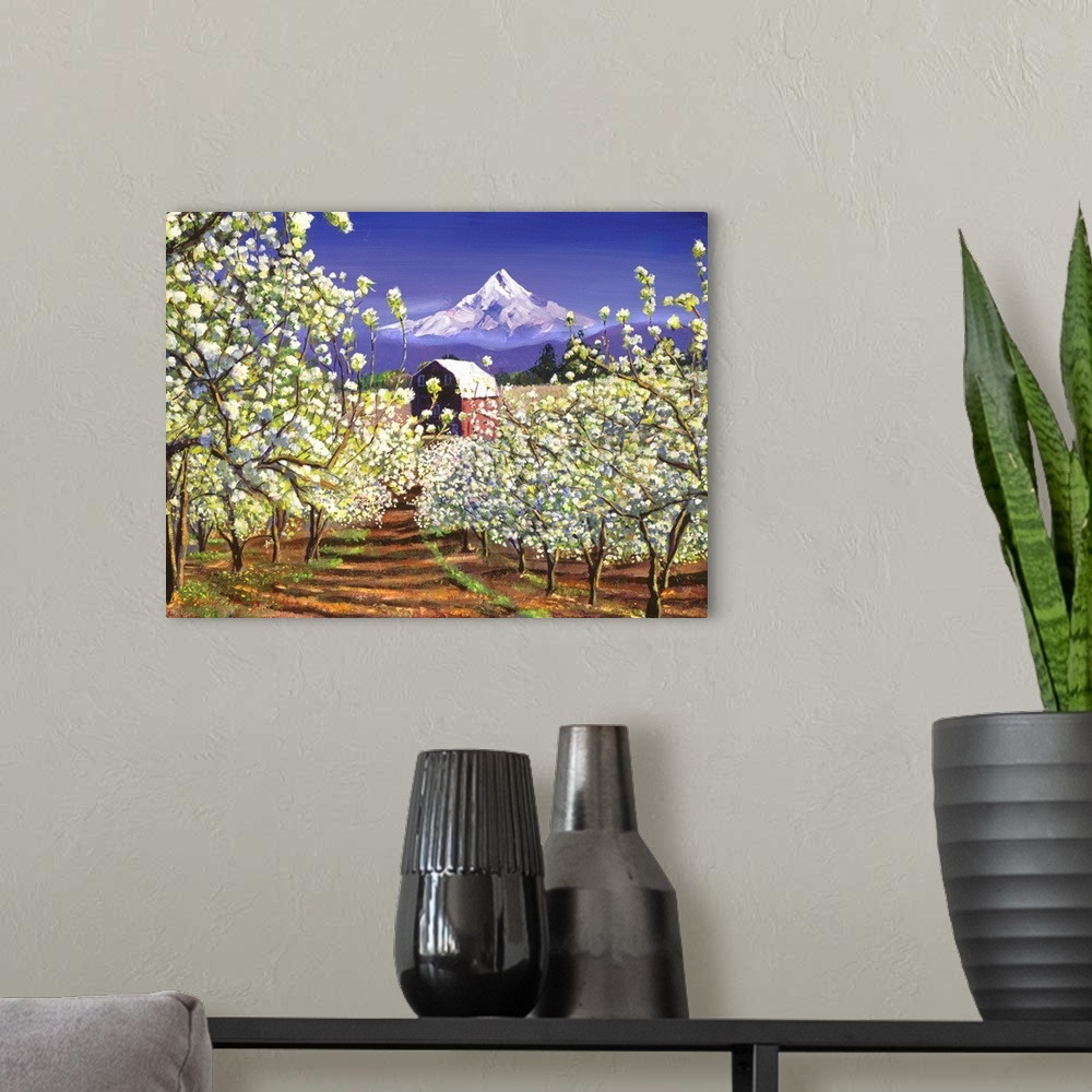 A modern room featuring An apple orchard in spring bloom. Mount Hood forms the backdrop.