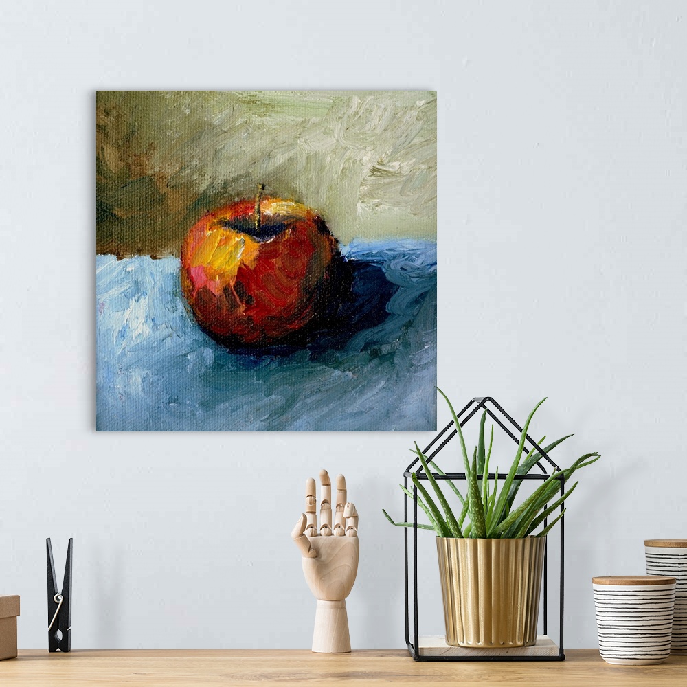 A bohemian room featuring Contemporary still-life painting of fruit on a table.