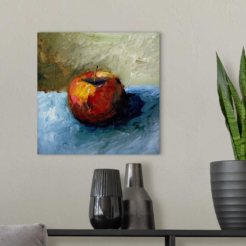A modern room featuring Contemporary still-life painting of fruit on a table.