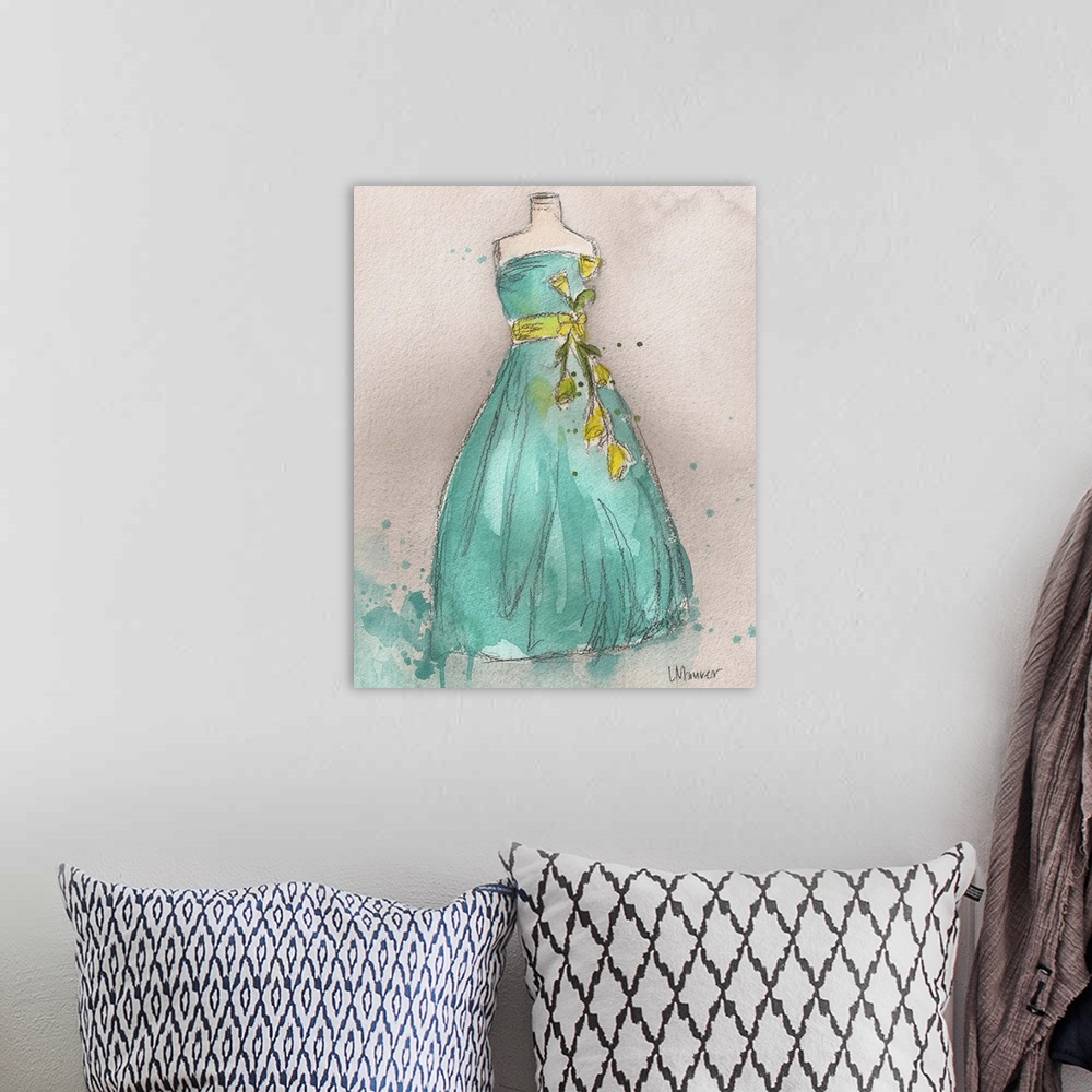A bohemian room featuring Watercolor painting of a turquoise dress on a dress form.
