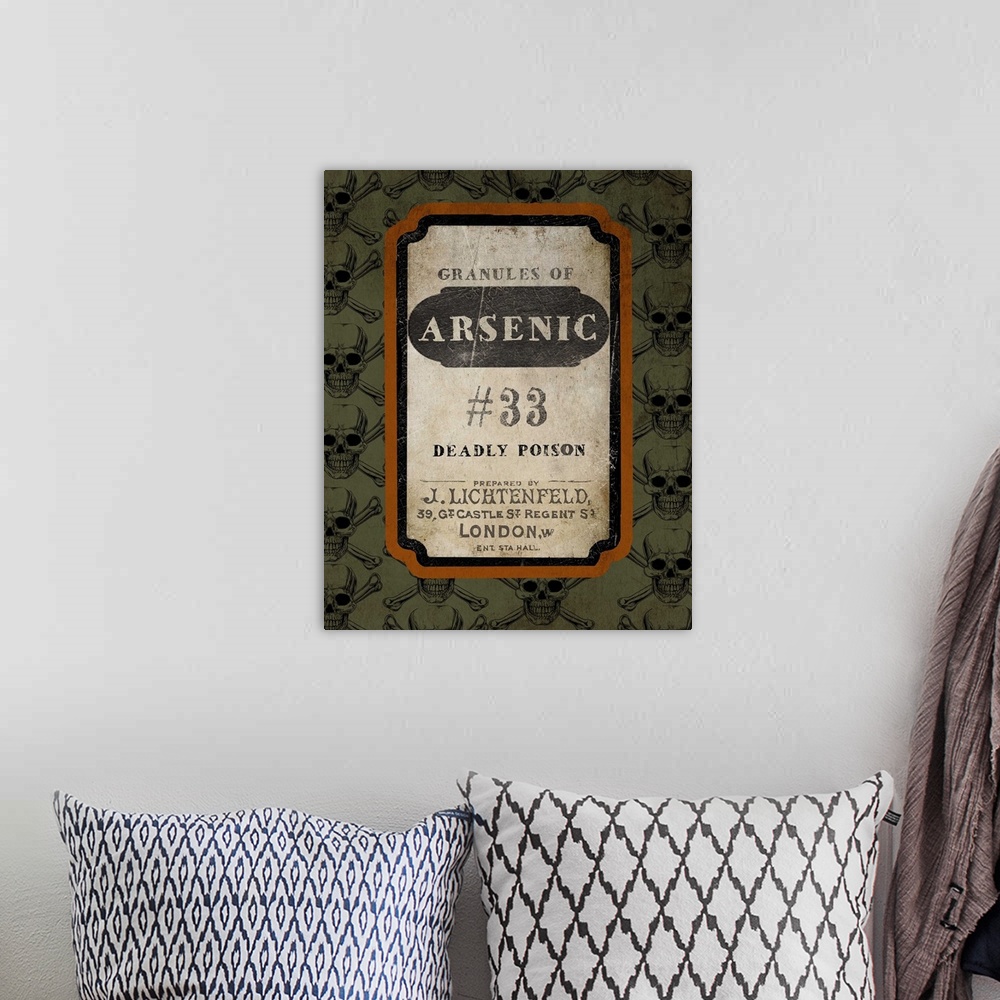 A bohemian room featuring Halloween-themed label for the ingredient Arsenic.