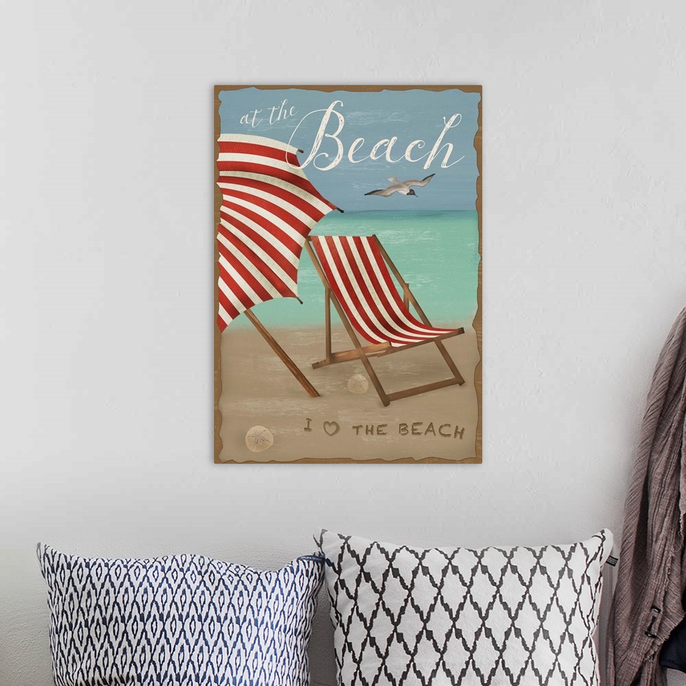 A bohemian room featuring Illustration of a red and white striped beach chair and matching umbrella on the beach.