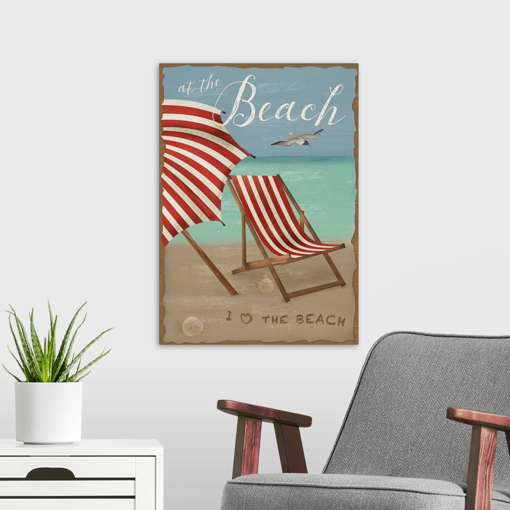 A modern room featuring Illustration of a red and white striped beach chair and matching umbrella on the beach.