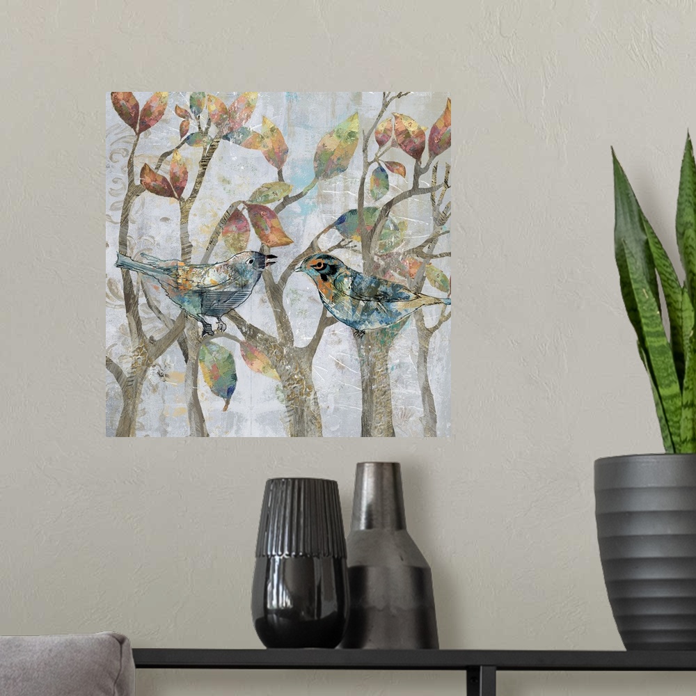 A modern room featuring A mixed media painting of two birds perched on tree limbs with hints of gold accents.