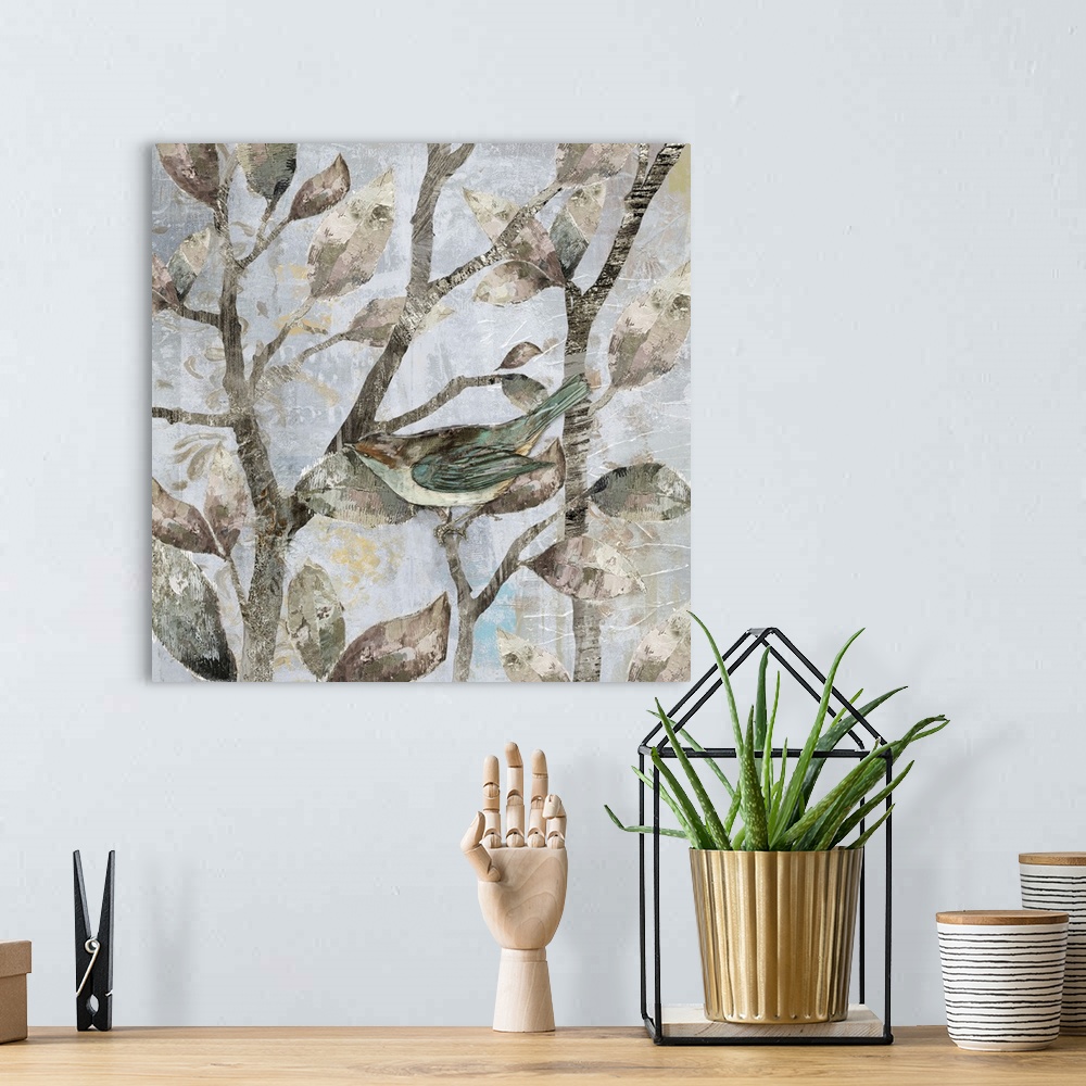 A bohemian room featuring A mixed media painting of a bird perched on tree limbs with hints of gold accents.