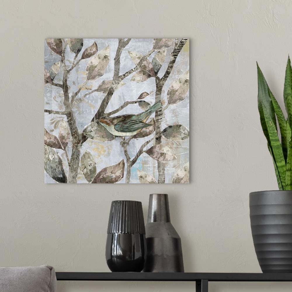 A modern room featuring A mixed media painting of a bird perched on tree limbs with hints of gold accents.