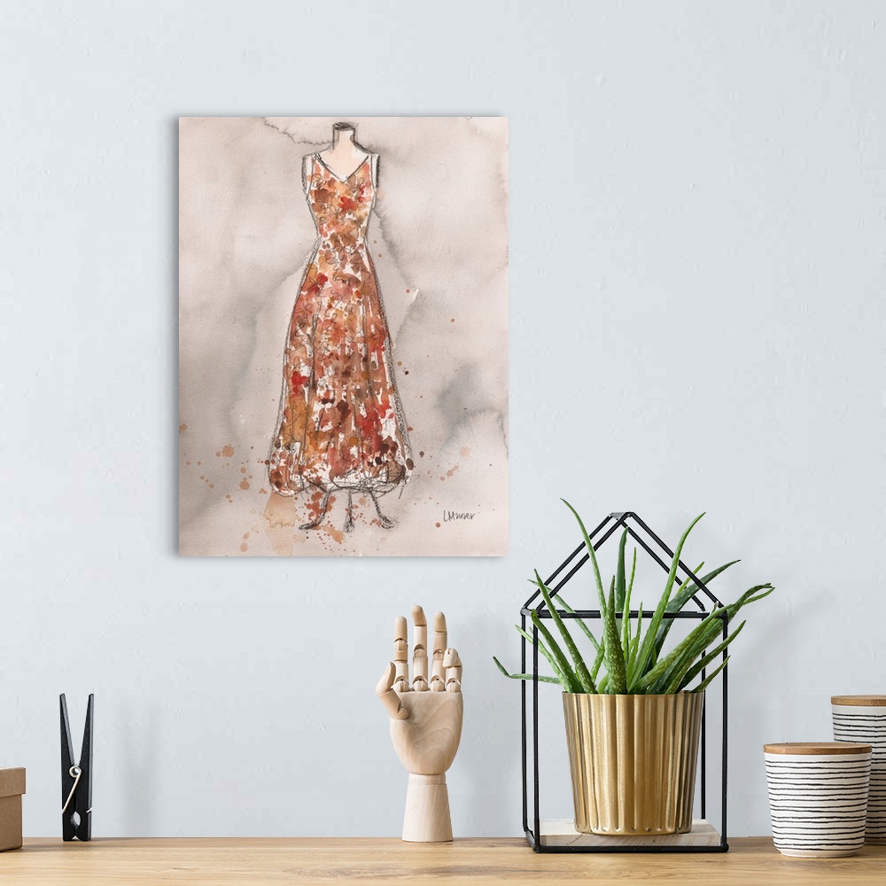 A bohemian room featuring Watercolor painting of a floral patterned dress on a dress form.