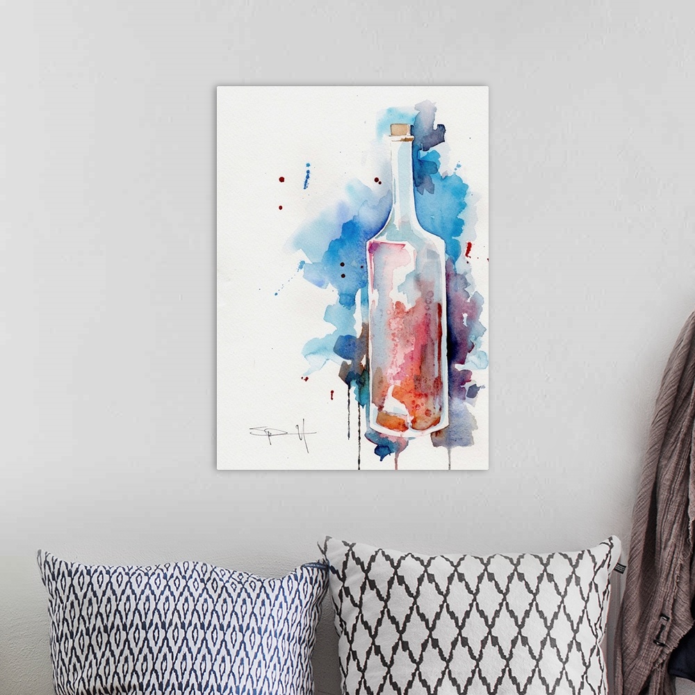 A bohemian room featuring Watercolor painting of a tall glass bottle.