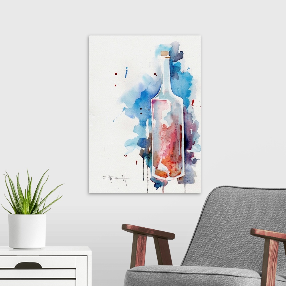 A modern room featuring Watercolor painting of a tall glass bottle.