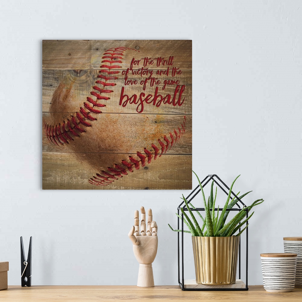 A bohemian room featuring Faded baseball image on a wooden background.