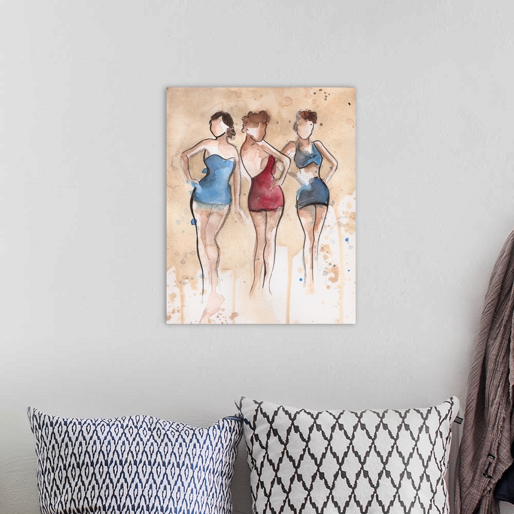 A bohemian room featuring Watercolor painting of three women wearing bathing suits.