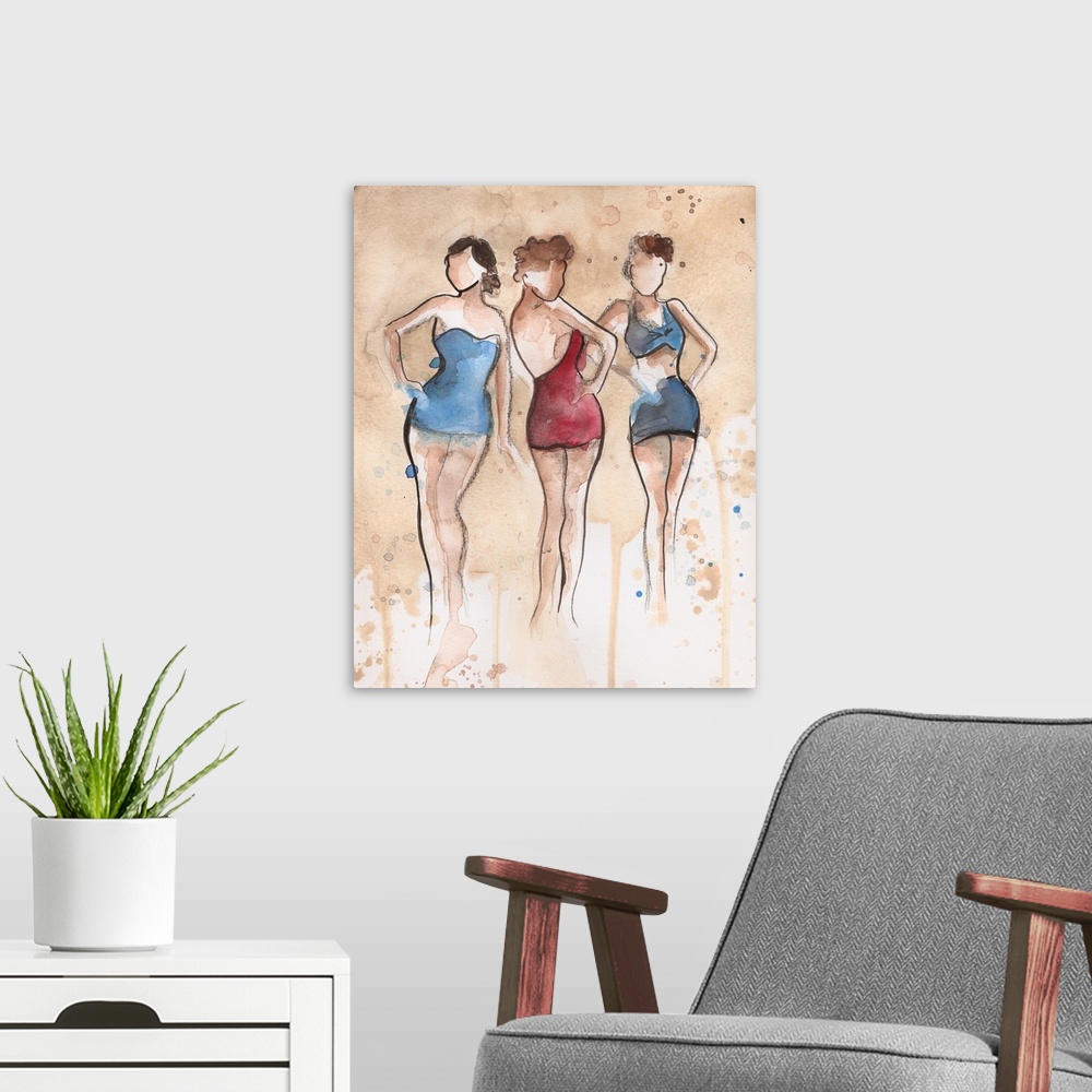A modern room featuring Watercolor painting of three women wearing bathing suits.