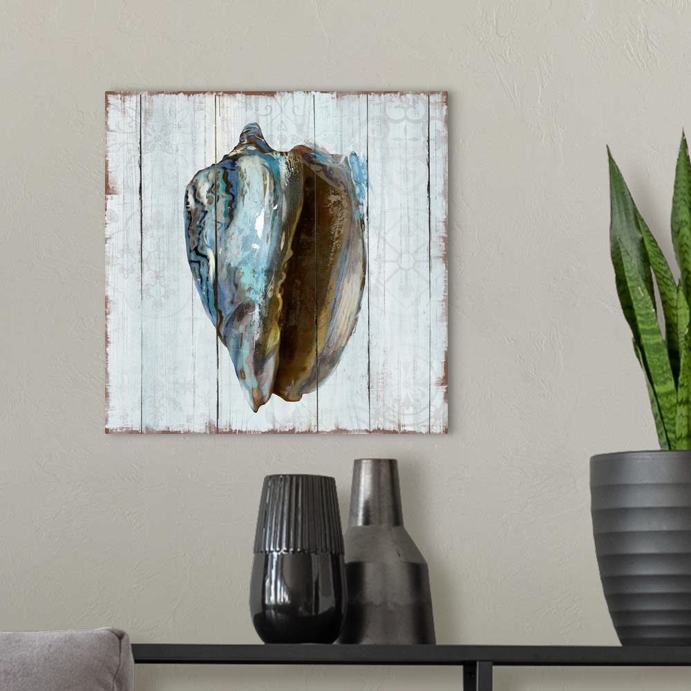 A modern room featuring A decorative image of a blue shaded shell on a white wood background with faded floral designs.