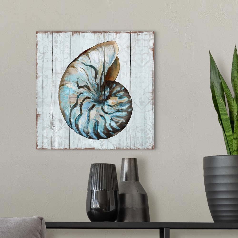 A modern room featuring A decorative image of a blue shaded shell on a white wood background with faded floral designs.