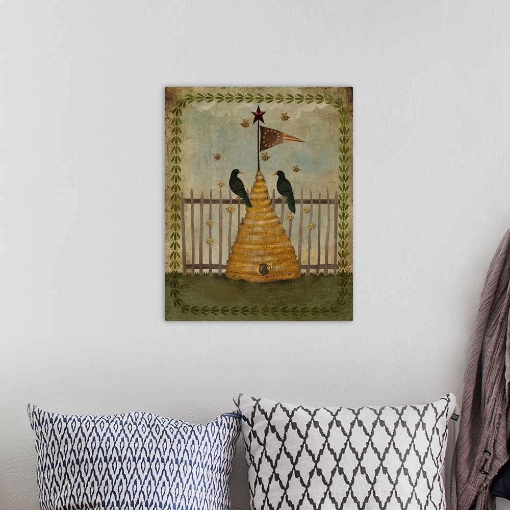A bohemian room featuring Illustration of a beehive with two birds near a fence.