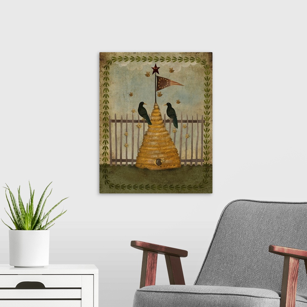 A modern room featuring Illustration of a beehive with two birds near a fence.