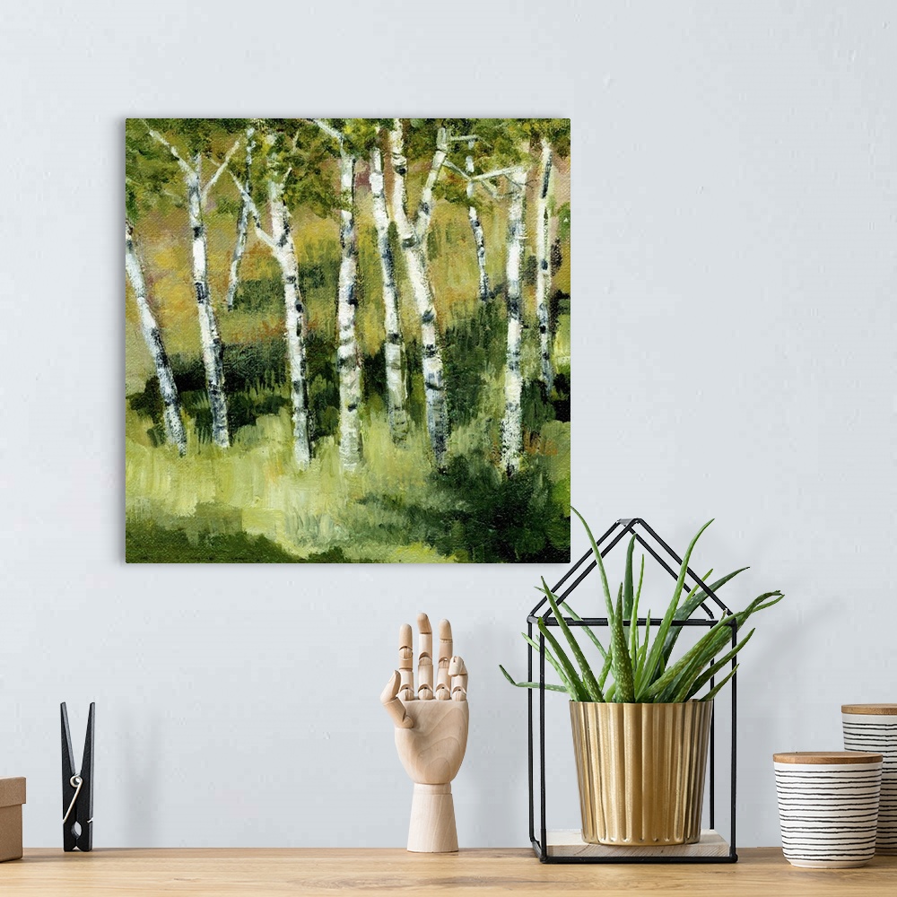 A bohemian room featuring Contemporary painting of thin white birch trees in a green grassy clearing.