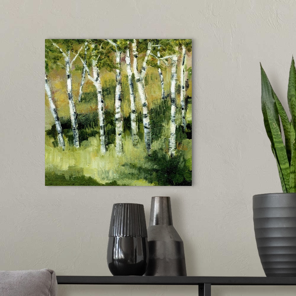 A modern room featuring Contemporary painting of thin white birch trees in a green grassy clearing.