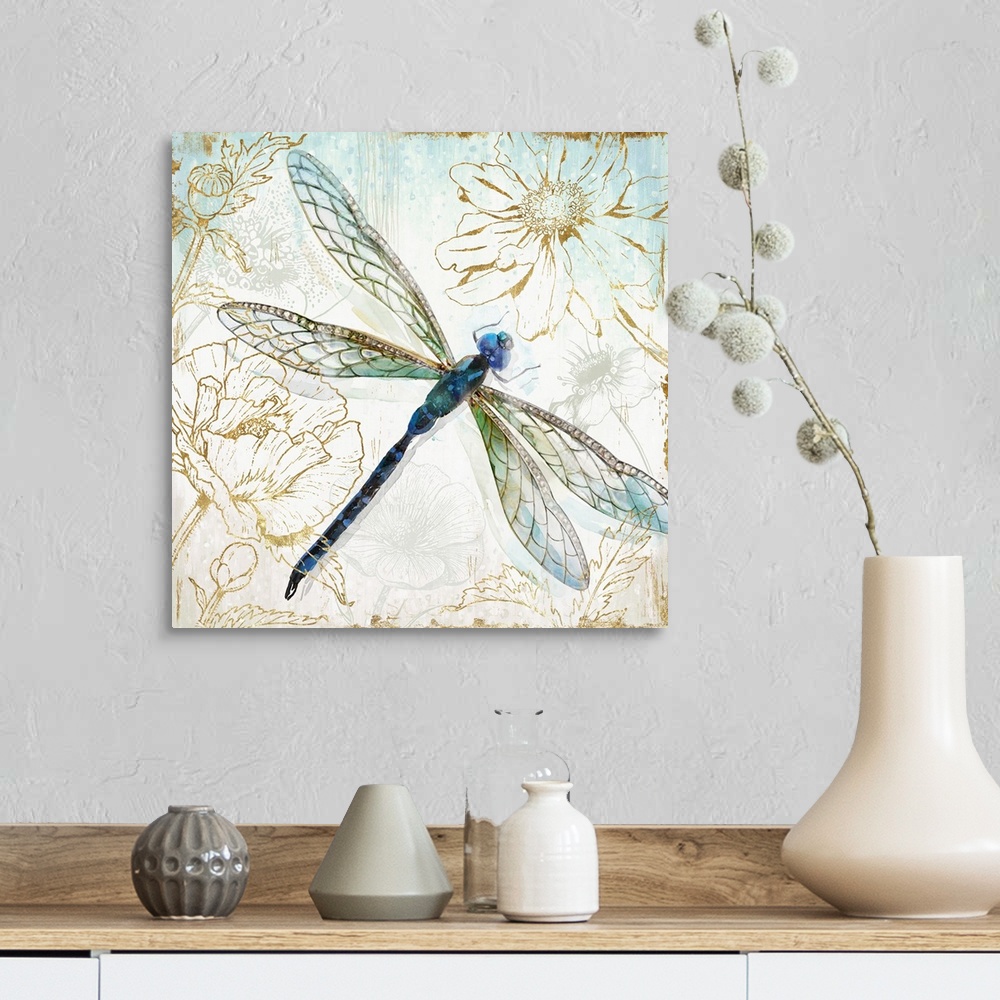 A farmhouse room featuring A decorative watercolor dragonfly in shades of blue and green on a floral metallic gold design.