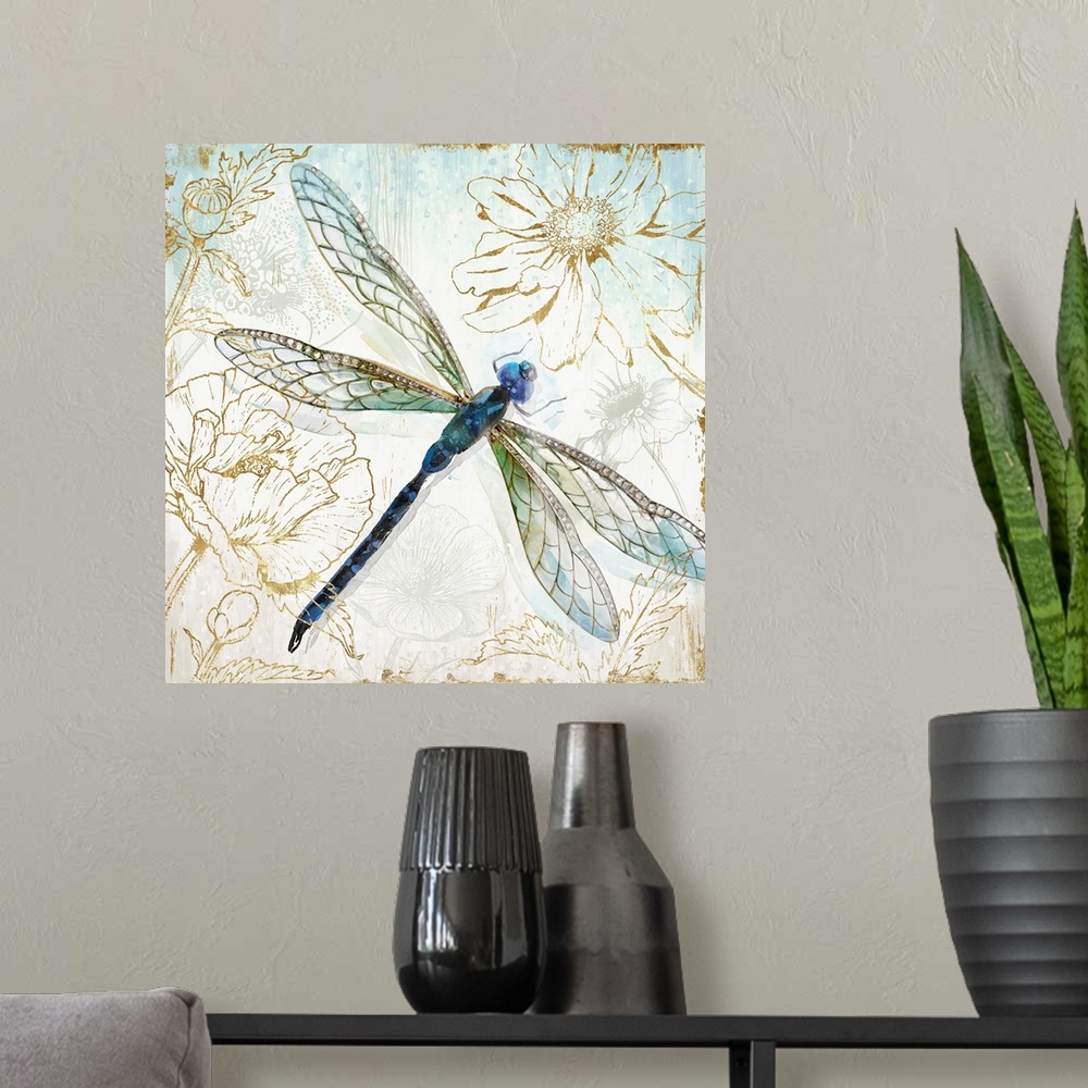A modern room featuring A decorative watercolor dragonfly in shades of blue and green on a floral metallic gold design.