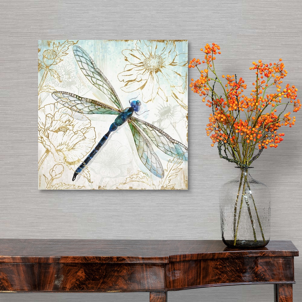 A traditional room featuring A decorative watercolor dragonfly in shades of blue and green on a floral metallic gold design.