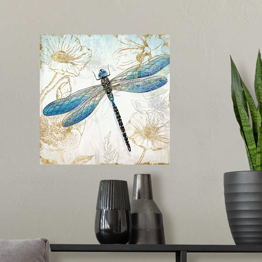 A modern room featuring A decorative watercolor dragonfly in shades of blue and green on a floral metallic gold design.
