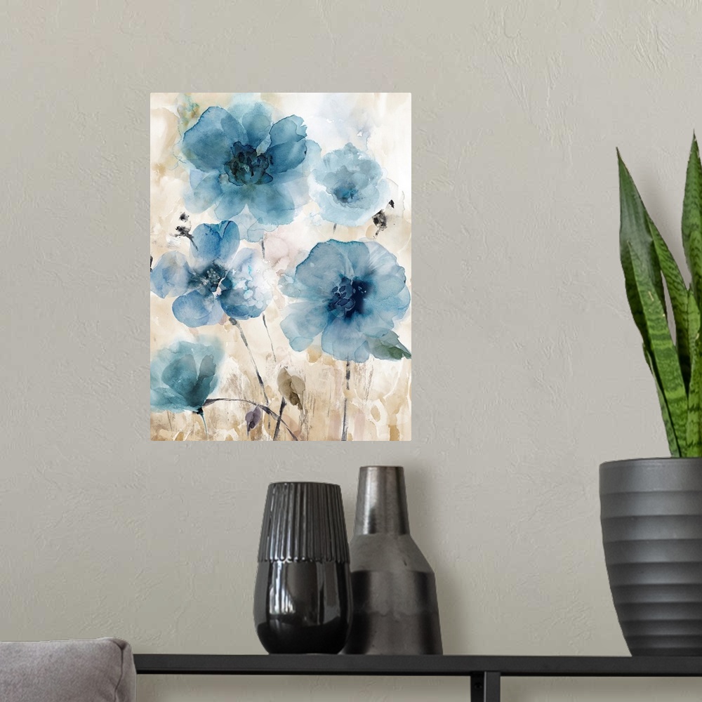 A modern room featuring Blue Flowers Beige Background