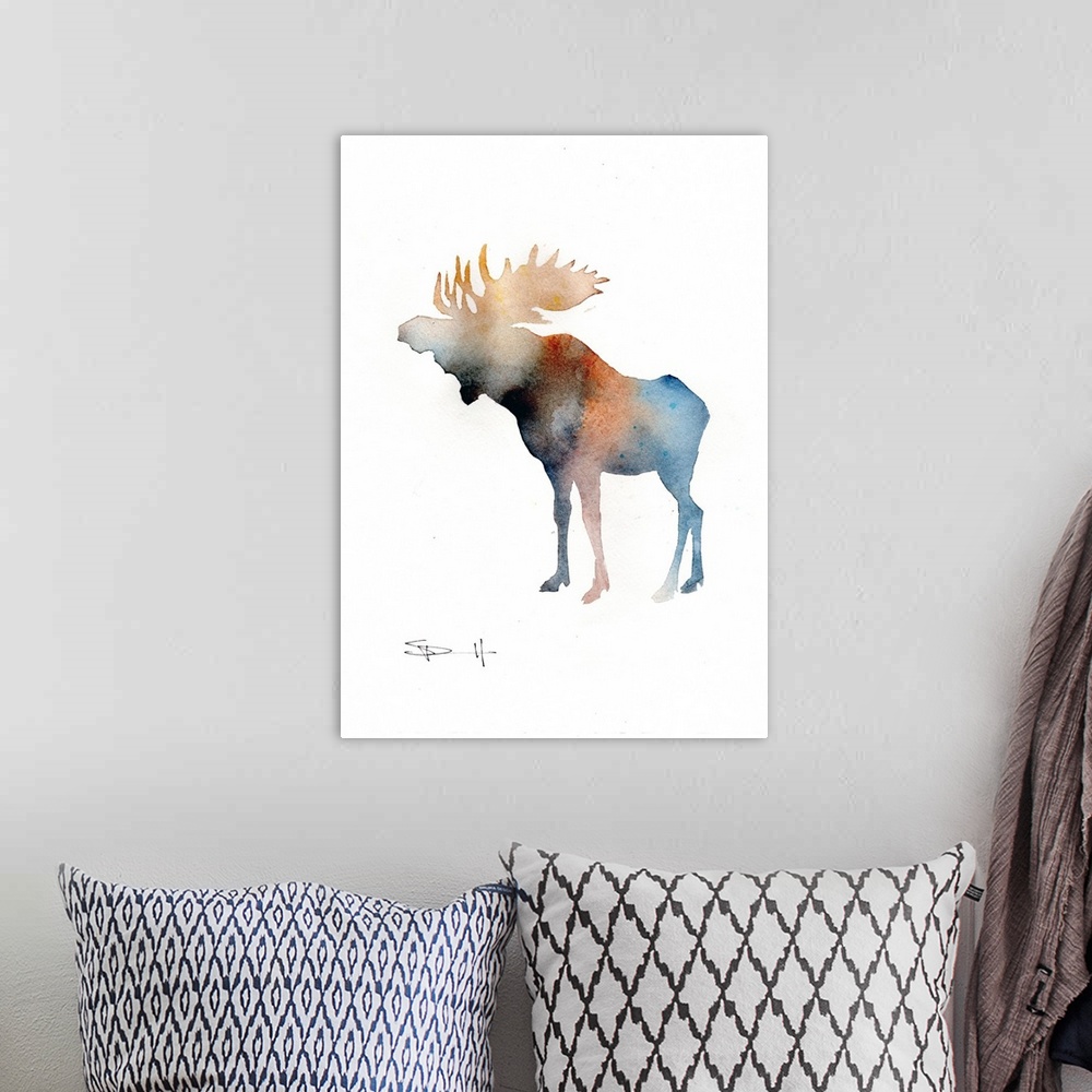 A bohemian room featuring Watercolor silhouette of a moose.