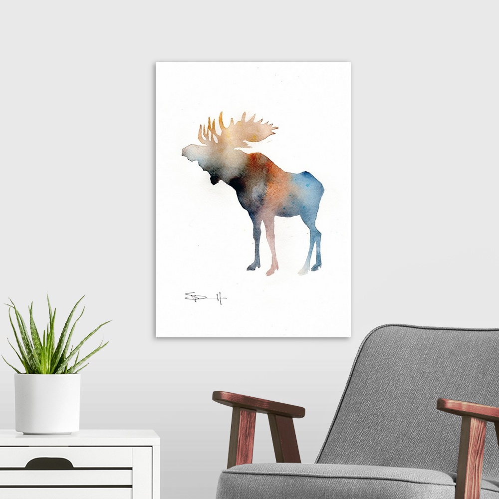 A modern room featuring Watercolor silhouette of a moose.