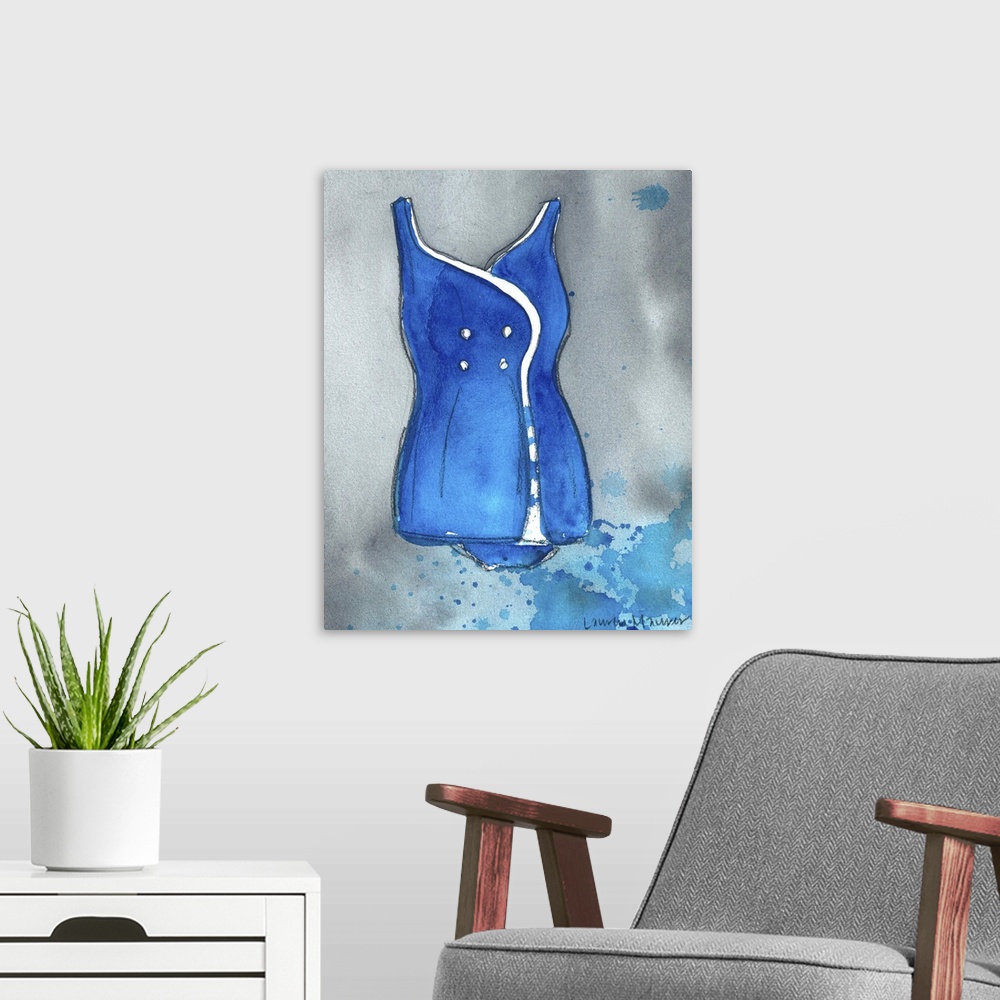 A modern room featuring Watercolor painting of a blue one piece bathing suit.