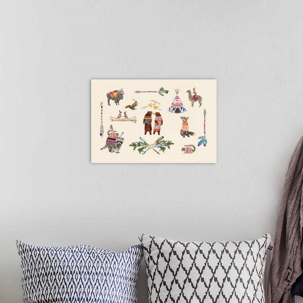 A bohemian room featuring Illustration of a variety of woodland creatures wearing sweaters on a linen background.