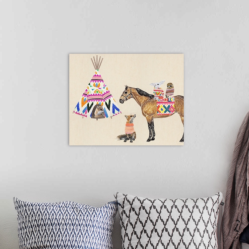 A bohemian room featuring Illustration of woodland creatures wearing sweaters with a tepee and horse on a linen background.