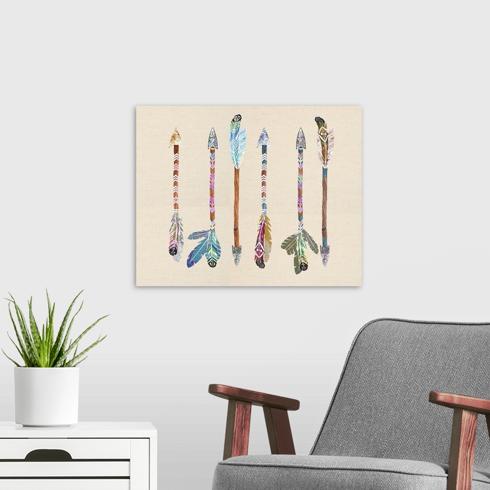 A modern room featuring Illustration of a row of colorful arrows with feathers on a linen background.