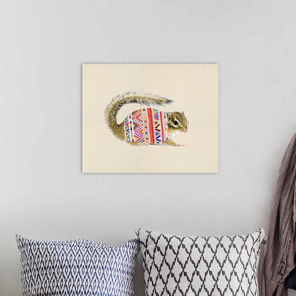 A bohemian room featuring Illustration of a chipmunk wearing a sweater on a linen background.