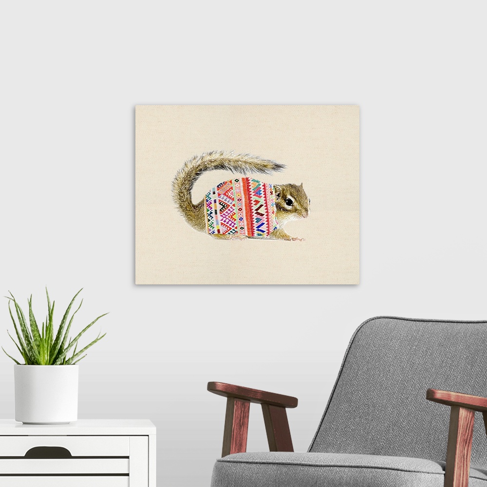 A modern room featuring Illustration of a chipmunk wearing a sweater on a linen background.