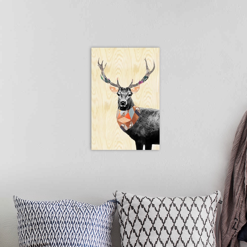 A bohemian room featuring A deer embellished with folk patterns, on a woodgrain background.