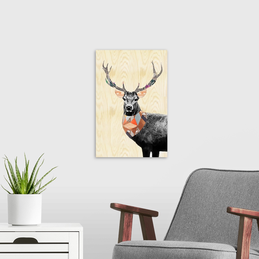 A modern room featuring A deer embellished with folk patterns, on a woodgrain background.