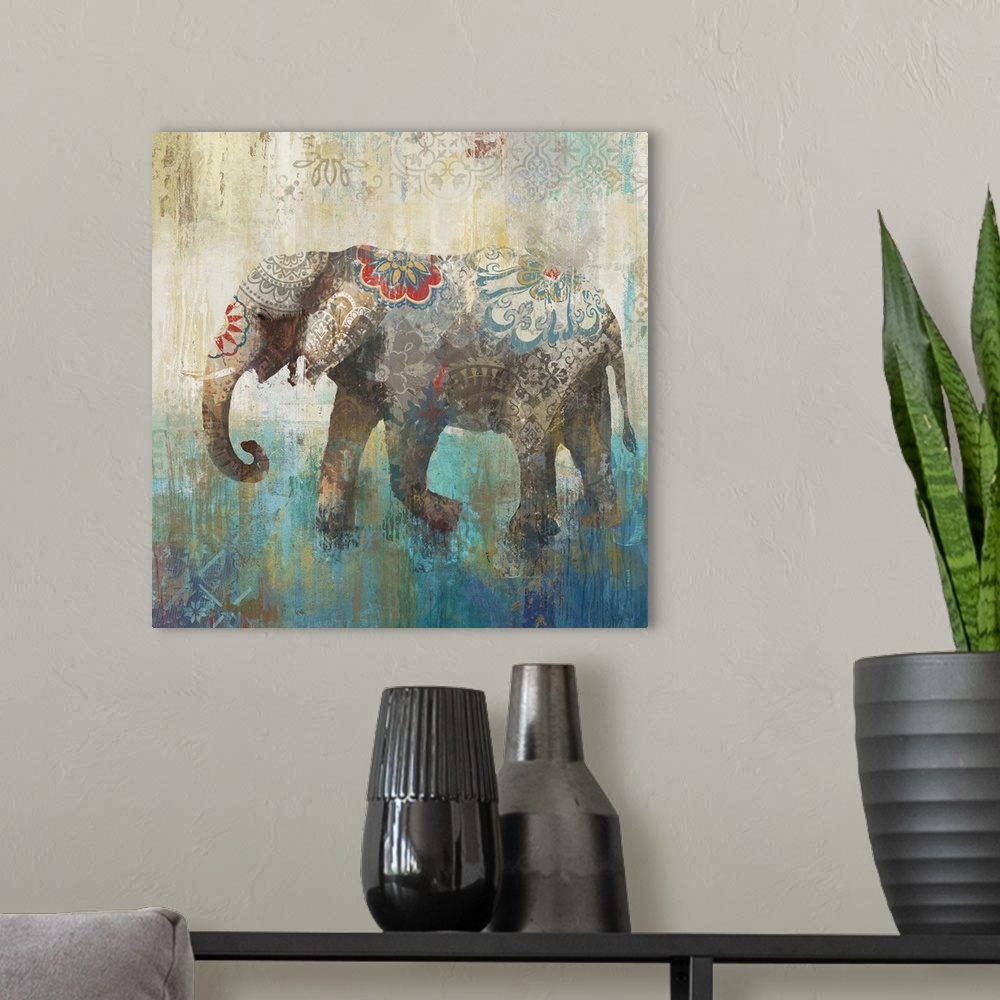 A modern room featuring Decorative artwork of an elephant with tusk with a distressed overlay of colored brush strokes an...