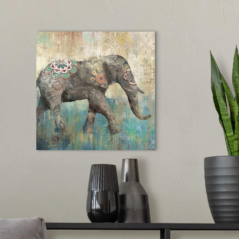 A modern room featuring Decorative artwork of an elephant with tusk with a distressed overlay of colored brush strokes an...