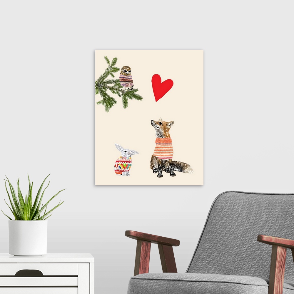 A modern room featuring Illustration of a fox, rabbit and owl wearing sweaters, and a red heart above.