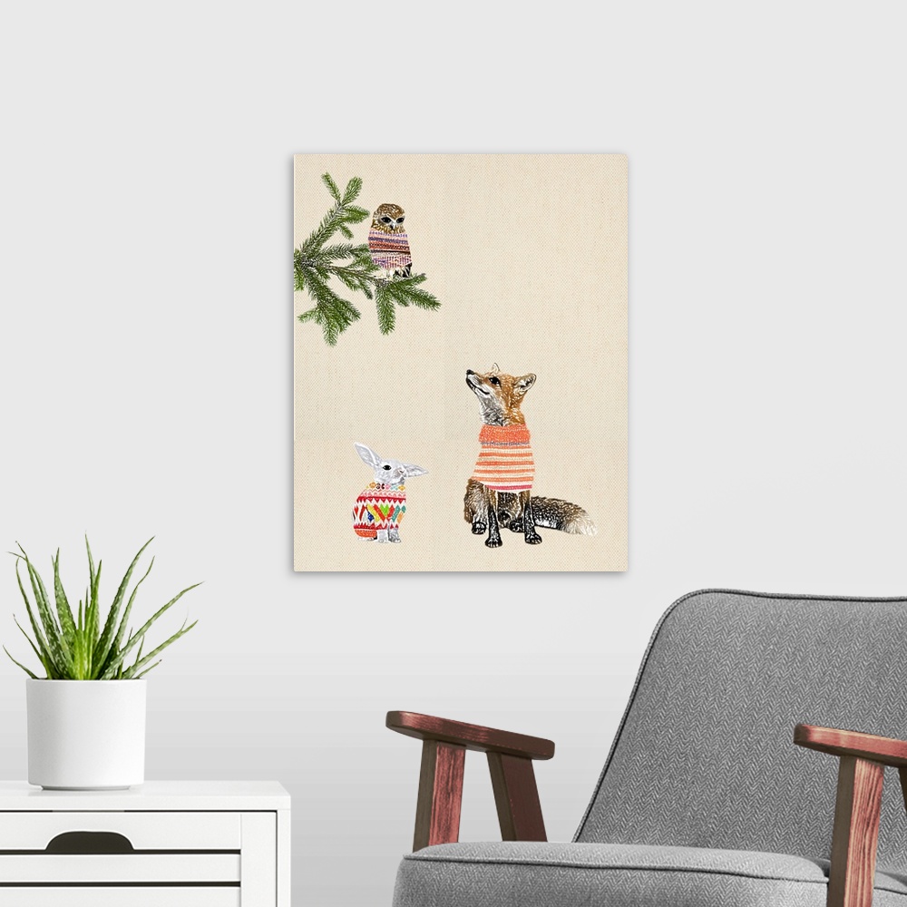 A modern room featuring Illustration of a fox, rabbit and owl wearing sweaters on a linen background.