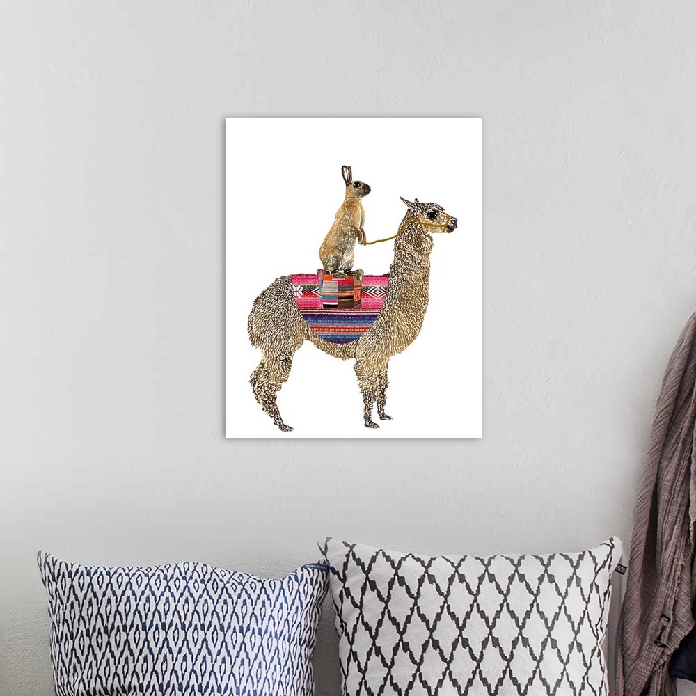 A bohemian room featuring Illustration of a brown rabbit sitting on a Llama.
