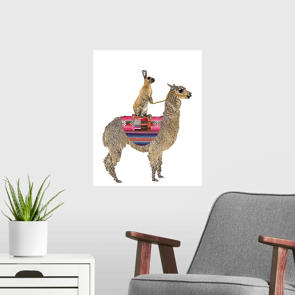 A modern room featuring Illustration of a brown rabbit sitting on a Llama.