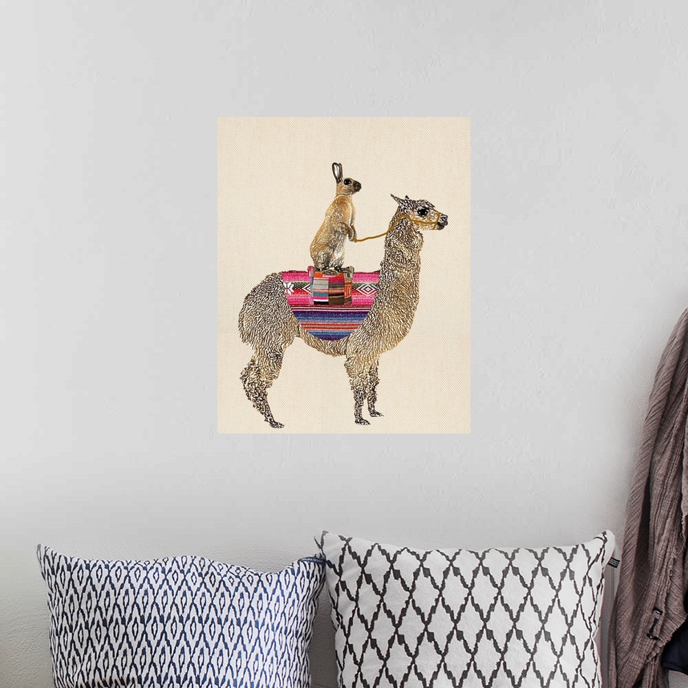 A bohemian room featuring Illustration of a brown rabbit sitting on a Llama with a linen background.