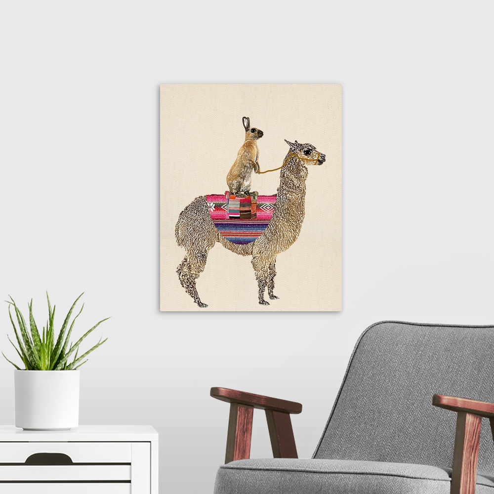 A modern room featuring Illustration of a brown rabbit sitting on a Llama with a linen background.